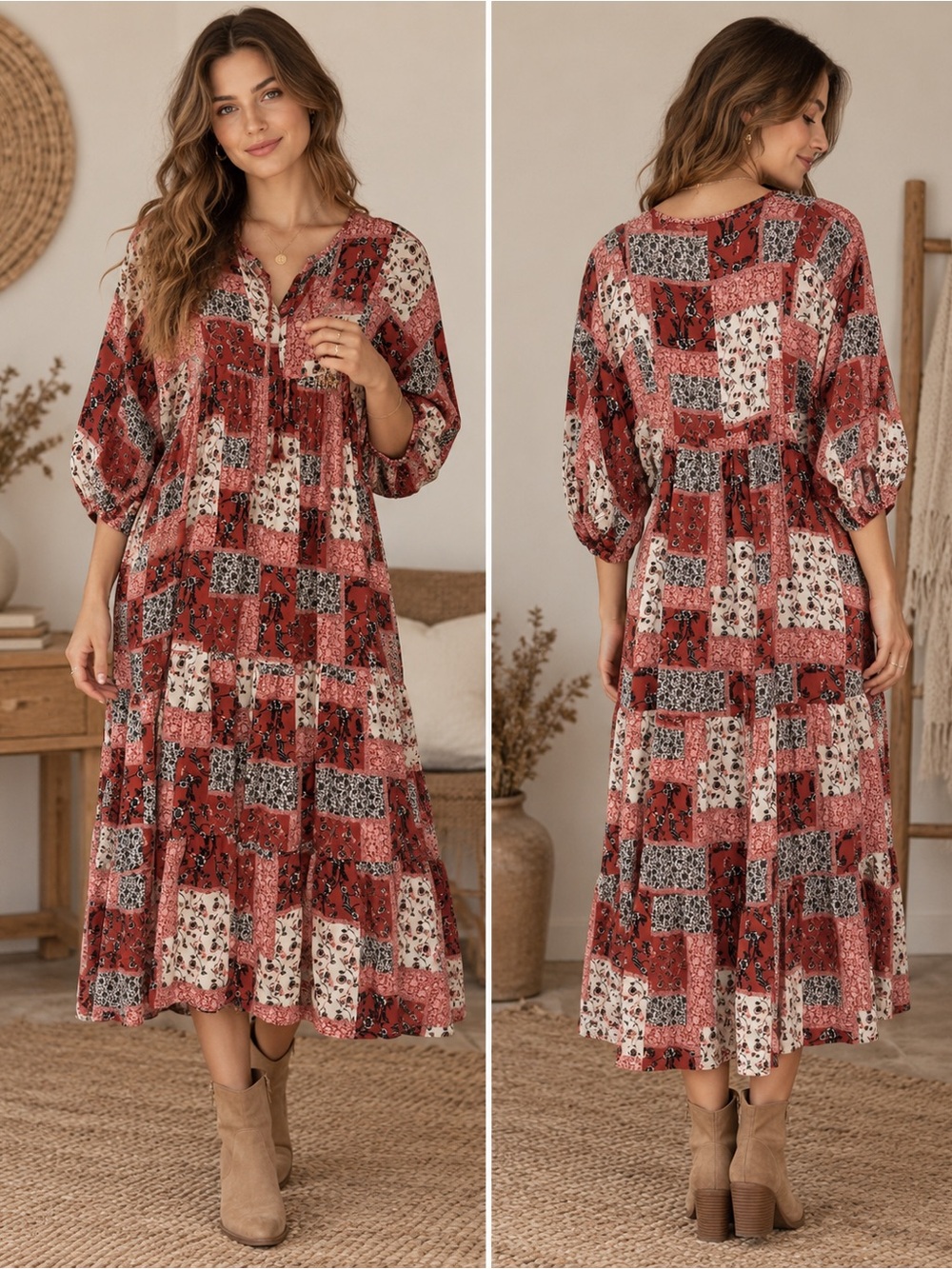bo’hem Bohemian Patchwork Floral Tiered Midi Dress Size Small